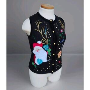 Ugly Christmas Sweater Vest Santa Claus Applique Ornaments B39 Black Ramie